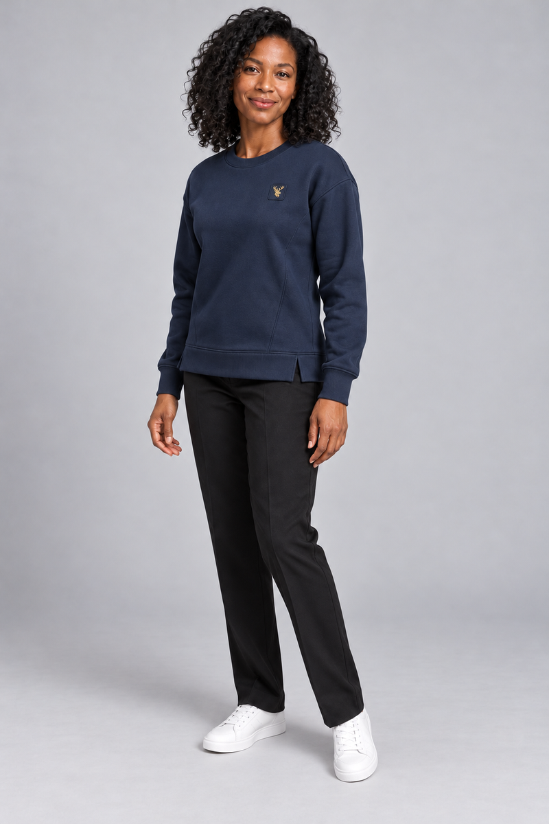 INTERVAL / 01 Women's Contour Seam Crew Sweatshirt — Ink Navy, Three-quarter view