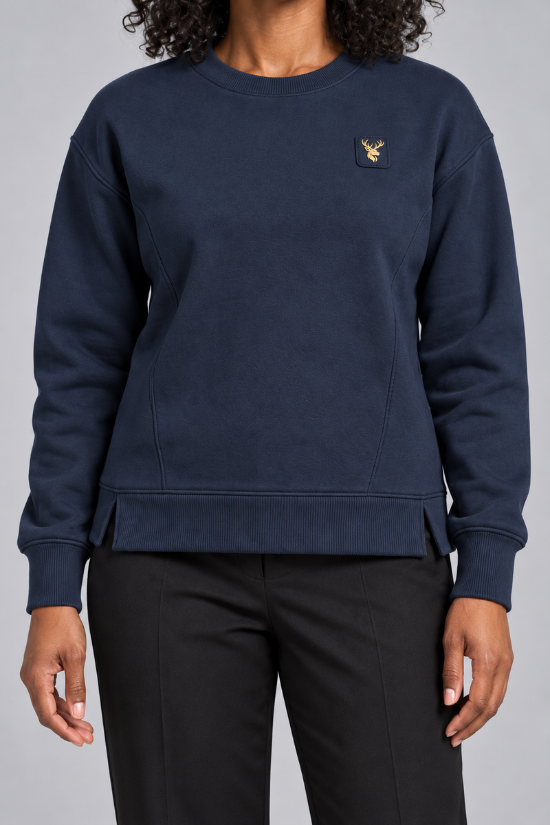 INTERVAL / 01 Women's Contour Seam Crew Sweatshirt — Ink Navy, Worn logo and fabric detail