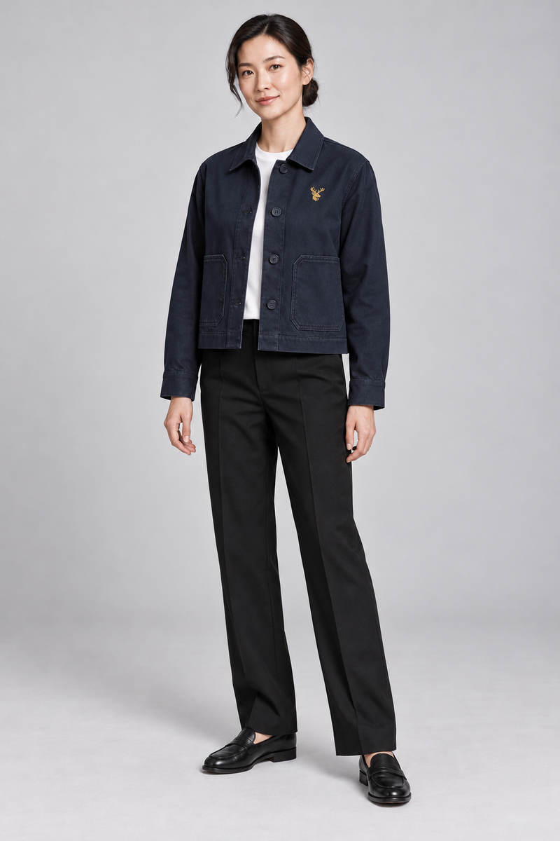 INTERVAL / 01 Women's Ledger Cropped Overshirt Jacket — Ink Navy, Three-quarter view