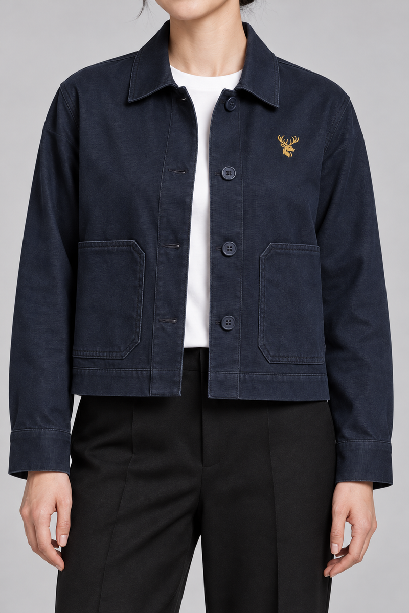 INTERVAL / 01 Women's Ledger Cropped Overshirt Jacket — Ink Navy, Worn logo and fabric detail