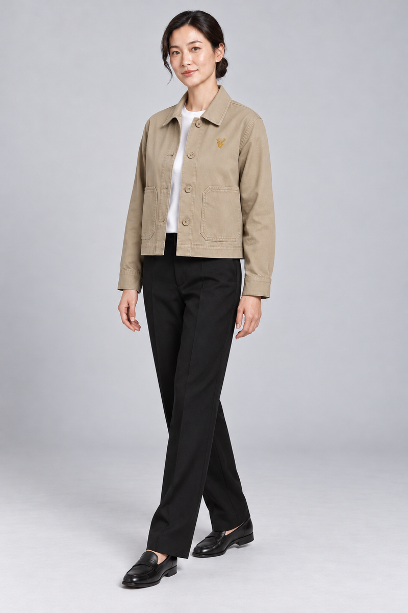 INTERVAL / 01 Women's Ledger Cropped Overshirt Jacket — Stone, Three-quarter view