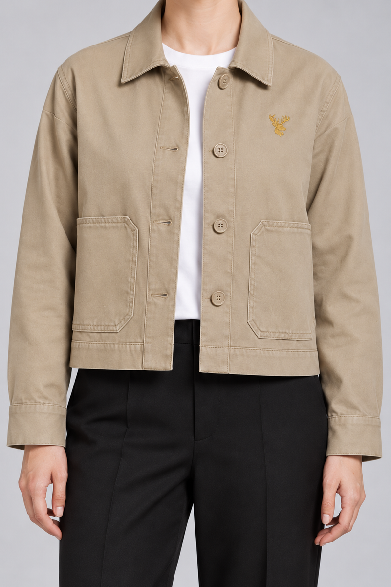 INTERVAL / 01 Women's Ledger Cropped Overshirt Jacket — Stone, Worn logo and fabric detail