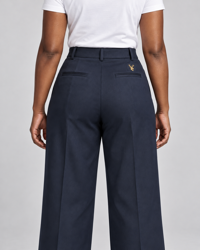 INTERVAL / 01 Women's Ledger Wide-Leg Trouser — Ink Navy, Worn logo and fabric detail