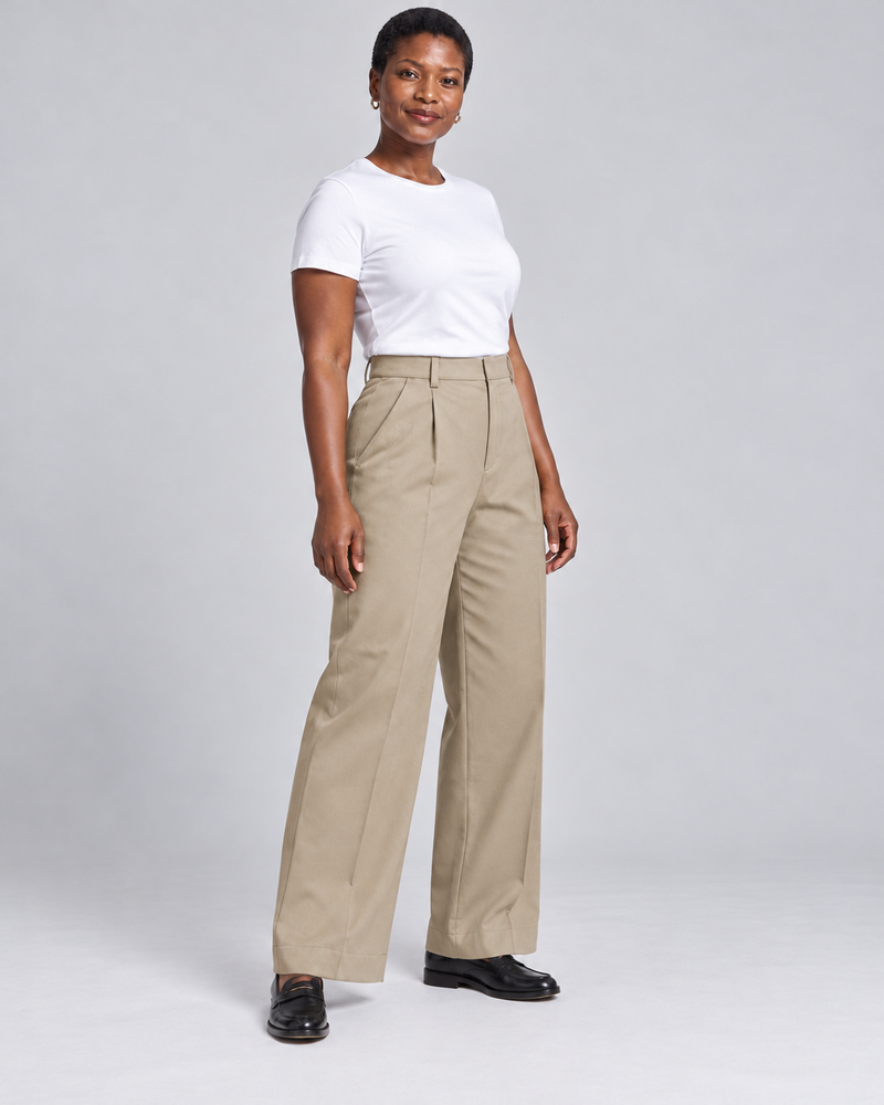 INTERVAL / 01 Women's Ledger Wide-Leg Trouser — Stone, Three-quarter view