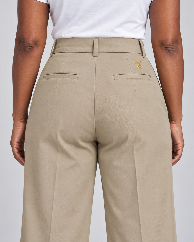 INTERVAL / 01 Women's Ledger Wide-Leg Trouser — Stone, Worn logo and fabric detail