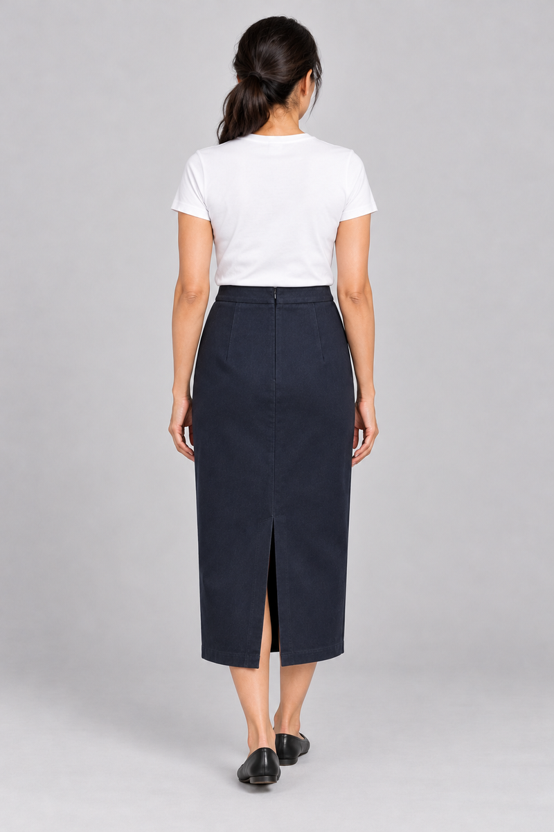 INTERVAL / 01 Women's Ledger Column Skirt — Ink Navy, Back view