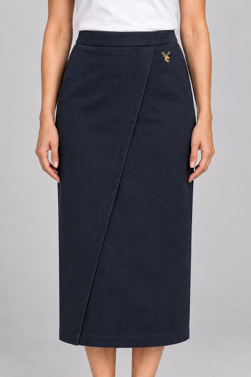 INTERVAL / 01 Women's Ledger Column Skirt — Ink Navy, Worn logo and fabric detail