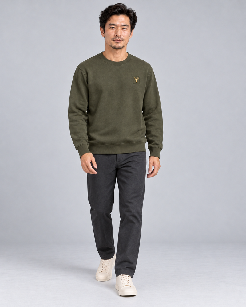 Gold Edition Men's Atelier Architectural Crewneck — Dark Olive, Three-quarter view