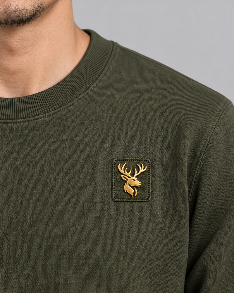 Gold Edition Men's Atelier Architectural Crewneck — Dark Olive, Worn logo and fabric detail