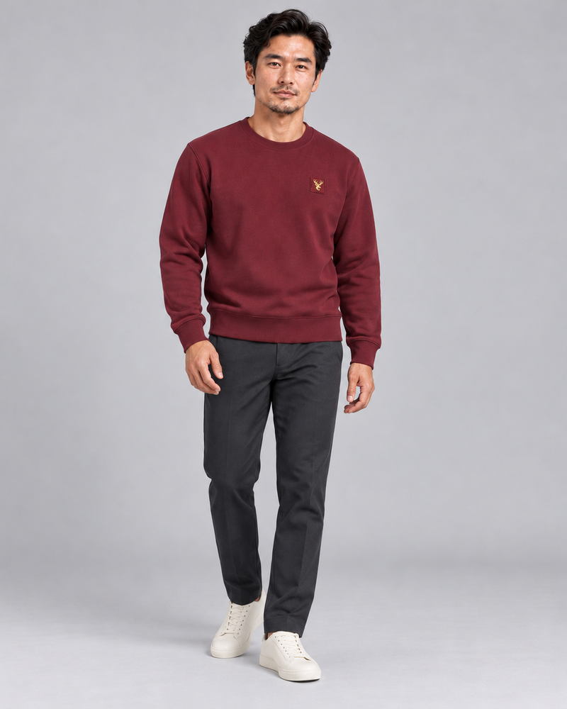 Gold Edition Men's Atelier Architectural Crewneck — Deep Burgundy, Three-quarter view