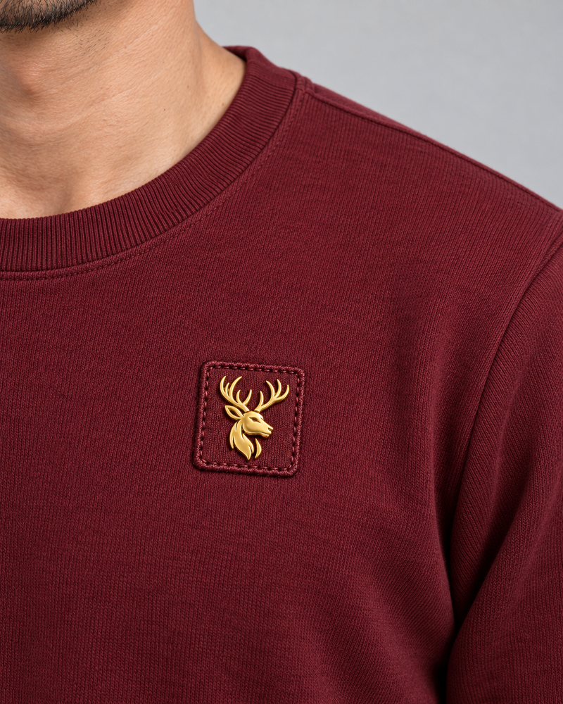Gold Edition Men's Atelier Architectural Crewneck — Deep Burgundy, Worn logo and fabric detail