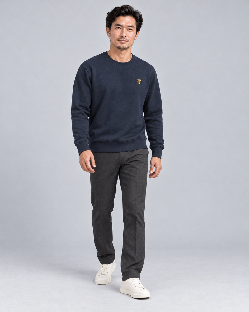 Gold Edition Men's Atelier Architectural Crewneck — Midnight Navy, Three-quarter view