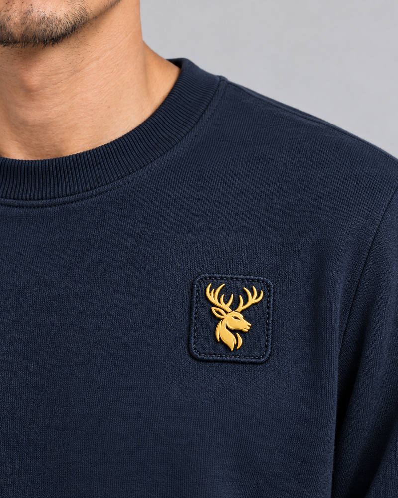 Gold Edition Men's Atelier Architectural Crewneck — Midnight Navy, Worn logo and fabric detail