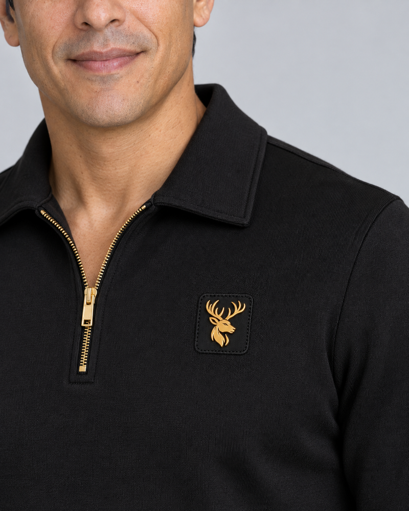 Gold Edition Men's Gallery Fold-Collar Half-Zip — Black, Worn logo and fabric detail