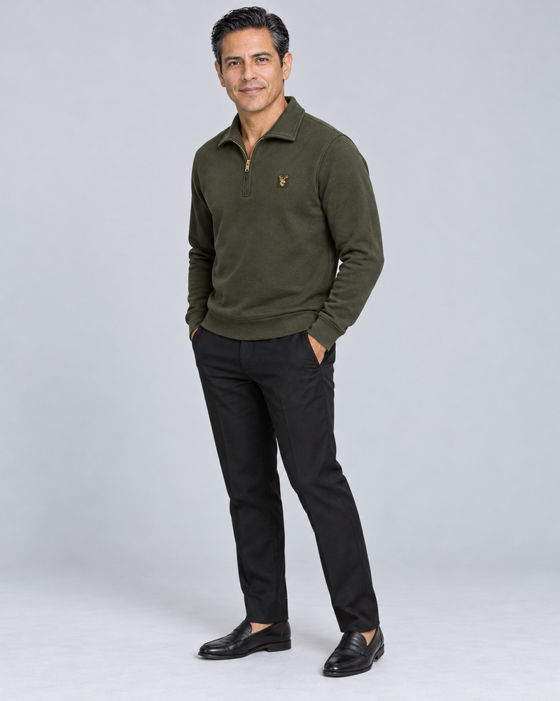 Gold Edition Men's Gallery Fold-Collar Half-Zip — Dark Olive, Three-quarter view