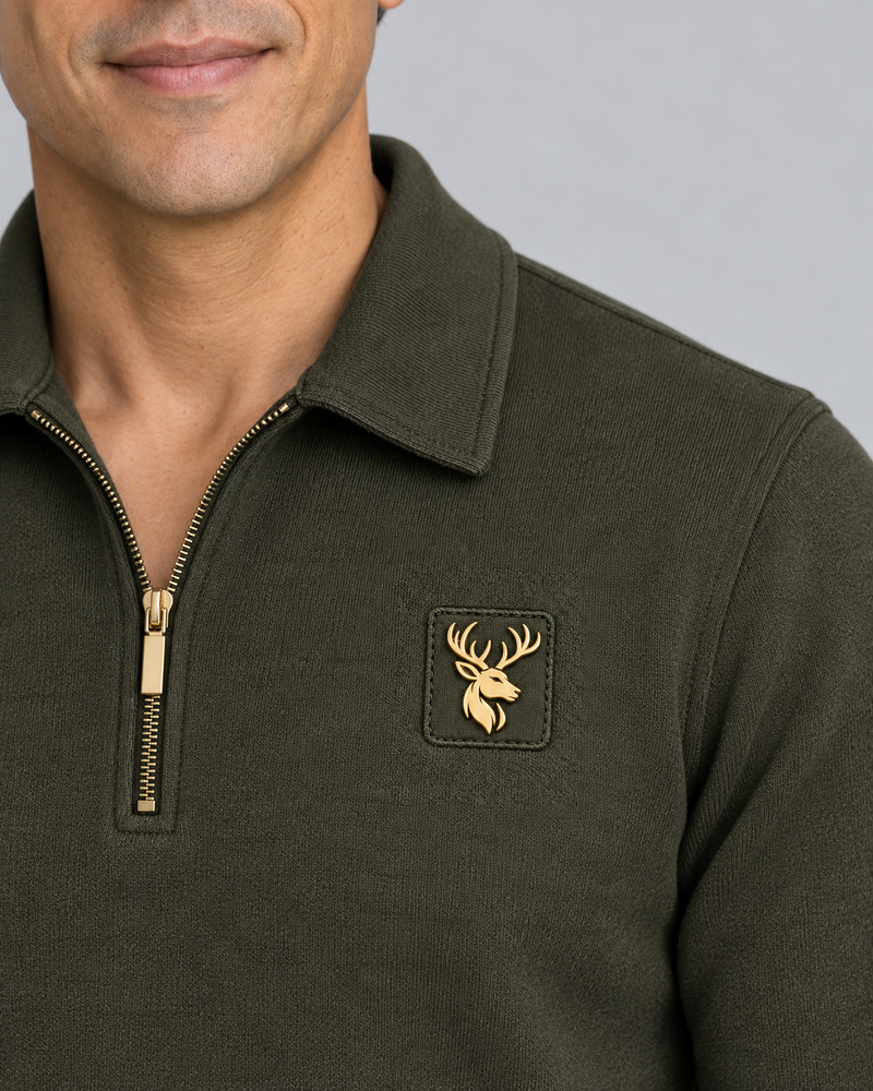 Gold Edition Men's Gallery Fold-Collar Half-Zip — Dark Olive, Worn logo and fabric detail