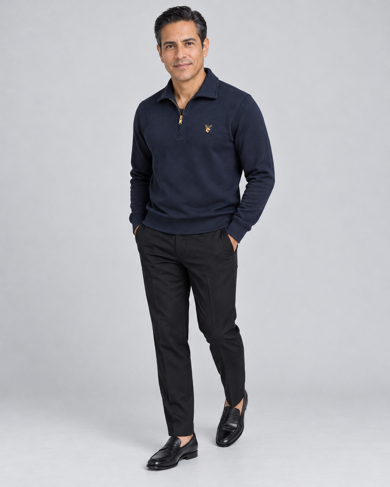 Gold Edition Men's Gallery Fold-Collar Half-Zip — Midnight Navy, Three-quarter view