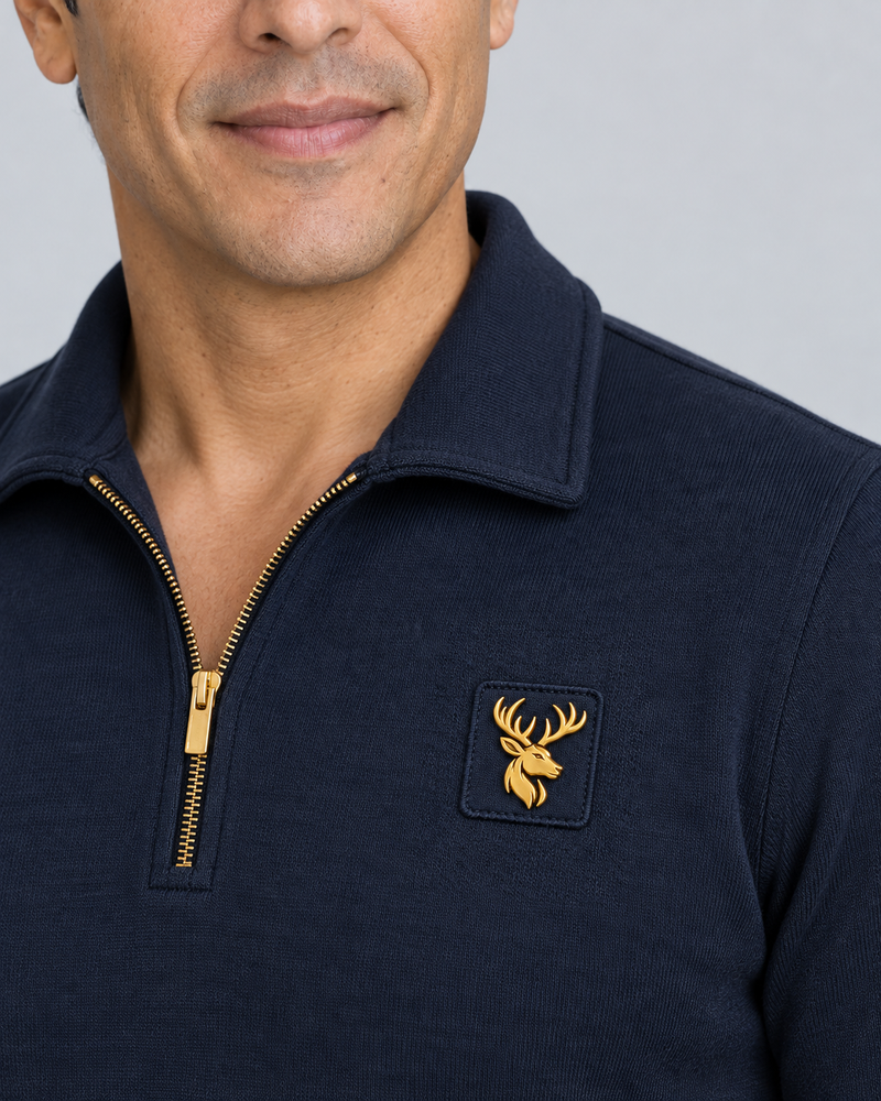 Gold Edition Men's Gallery Fold-Collar Half-Zip — Midnight Navy, Worn logo and fabric detail