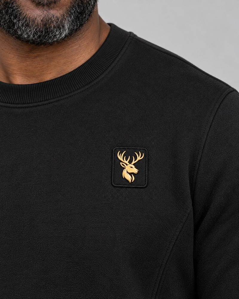 Gold Edition Men's Crest Panelled Crewneck — Black, Worn logo and fabric detail