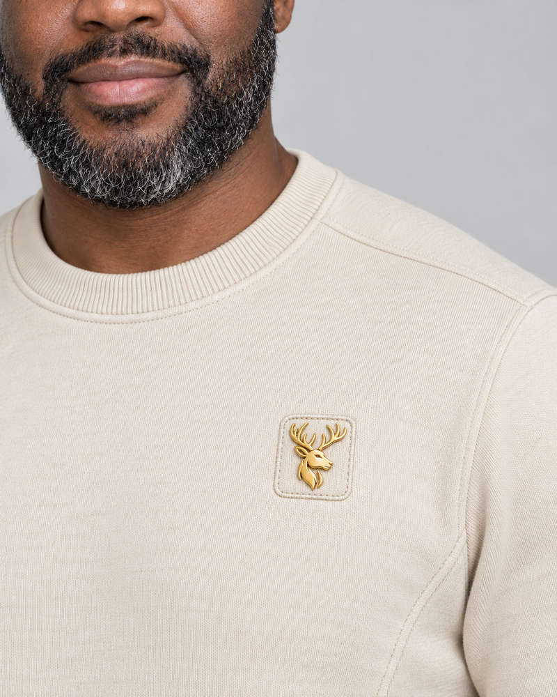 Gold Edition Men's Crest Panelled Crewneck — Cream, Worn logo and fabric detail