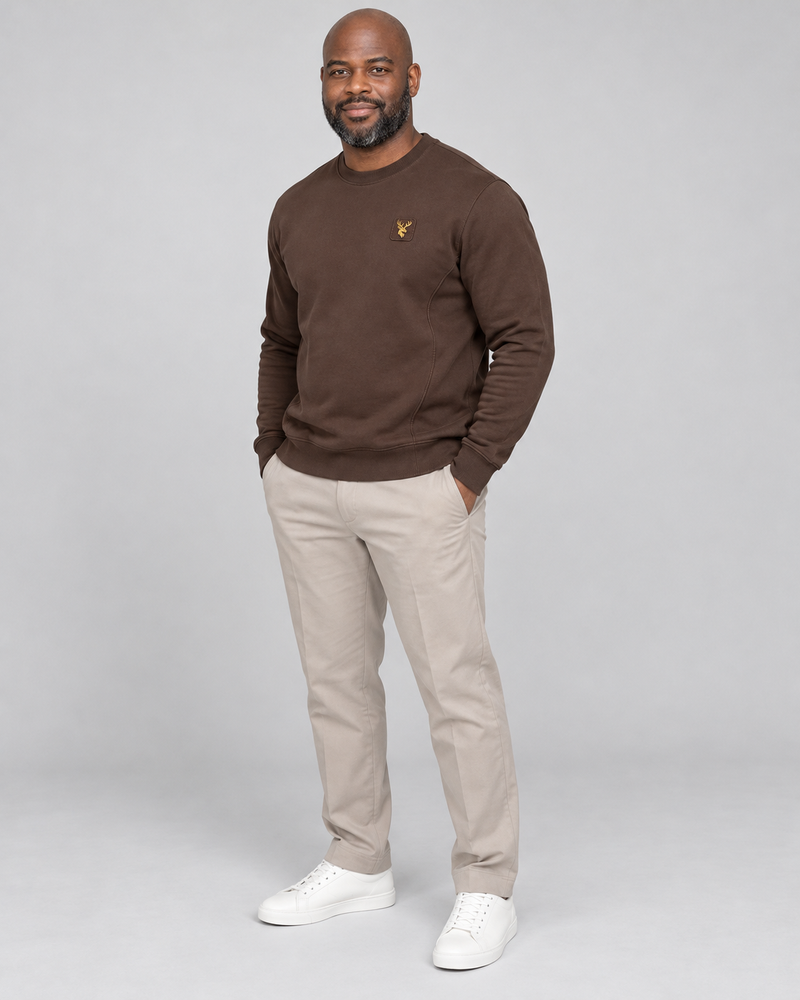 Gold Edition Men's Crest Panelled Crewneck — Espresso, Three-quarter view