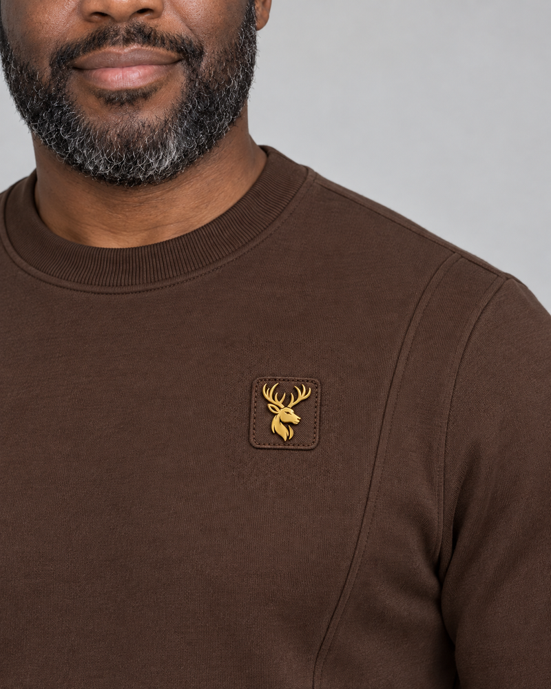 Gold Edition Men's Crest Panelled Crewneck — Espresso, Worn logo and fabric detail