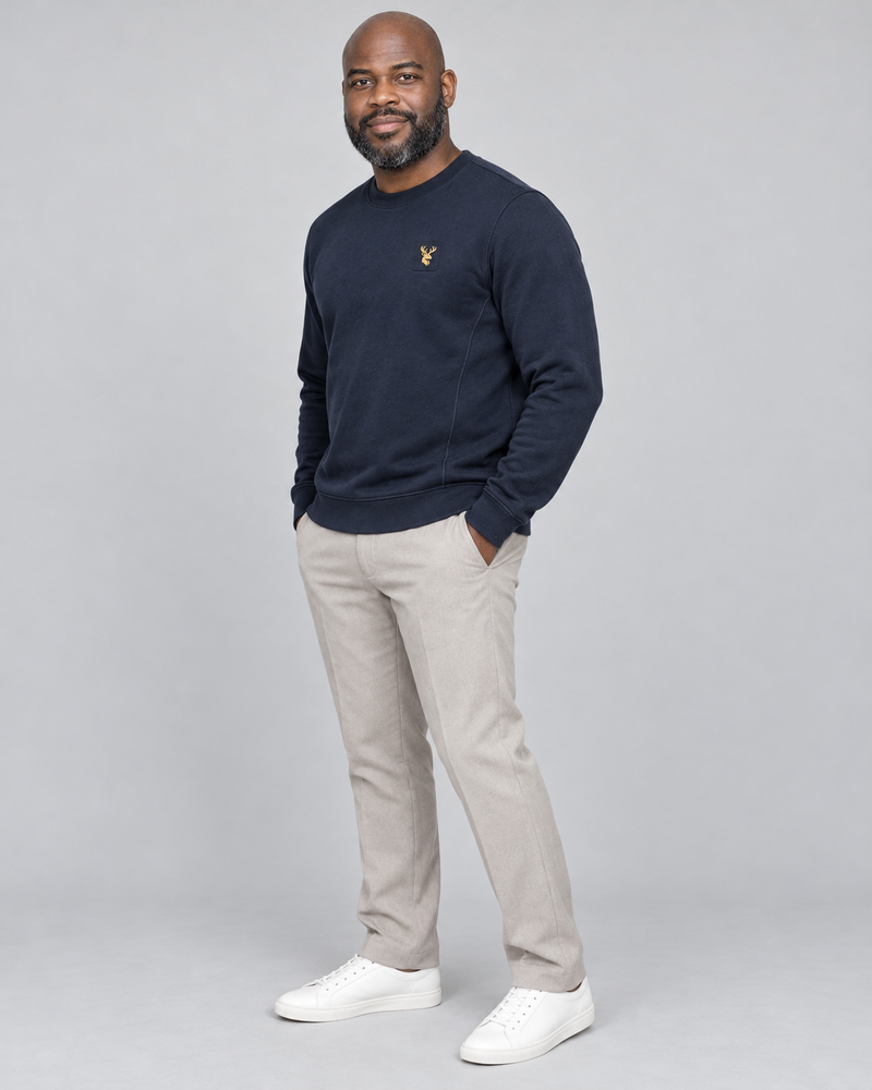 Gold Edition Men's Crest Panelled Crewneck — Midnight Navy, Three-quarter view
