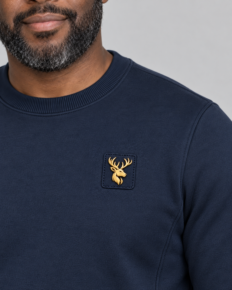Gold Edition Men's Crest Panelled Crewneck — Midnight Navy, Worn logo and fabric detail