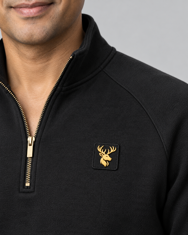 Gold Edition Men's Nocturne Raglan Half-Zip — Black, Worn logo and fabric detail