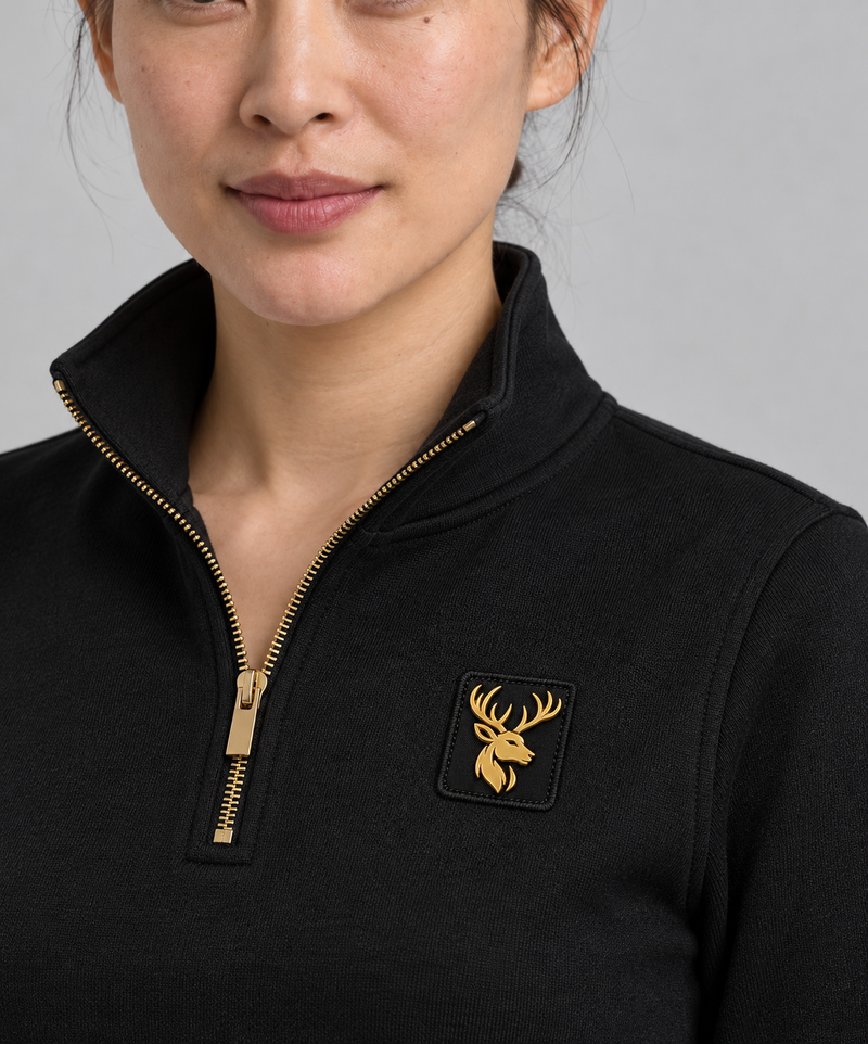 Gold Edition Women's Sovereign Quarter-Zip — Black, Worn logo and fabric detail