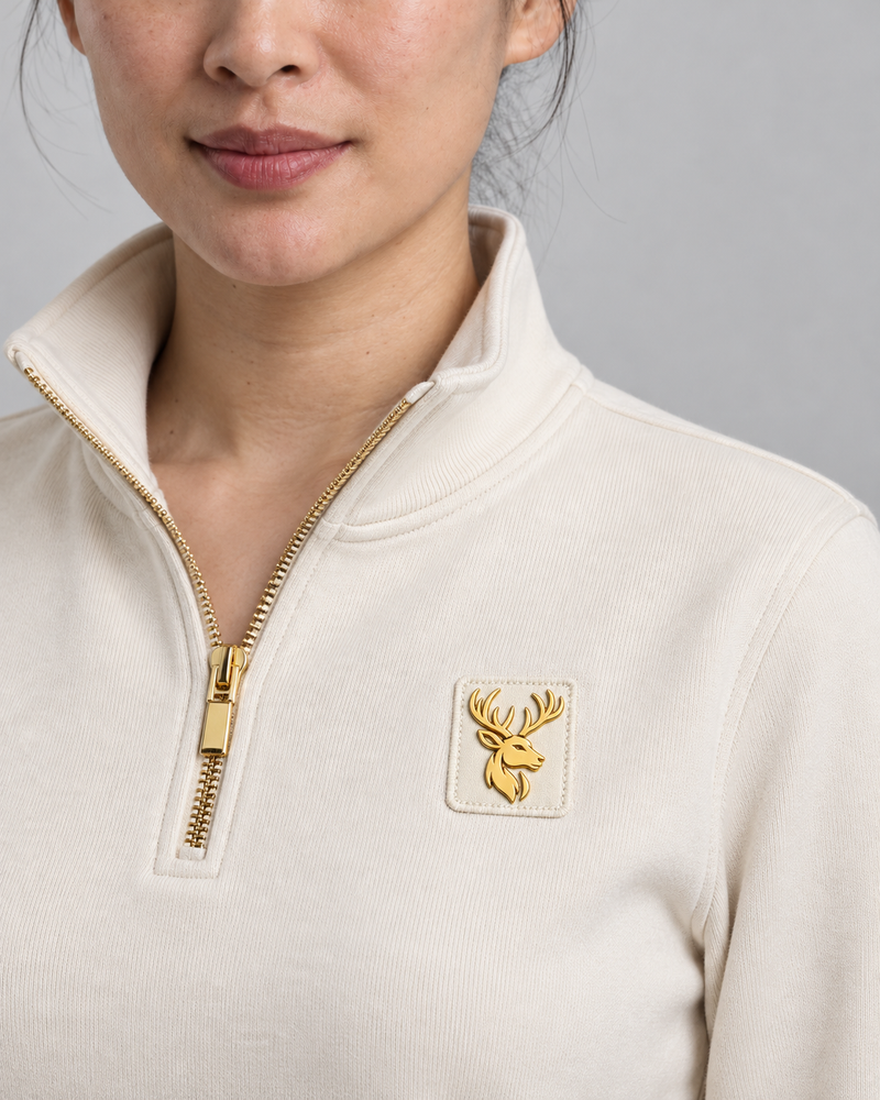Gold Edition Women's Sovereign Quarter-Zip — Cream, Worn logo and fabric detail