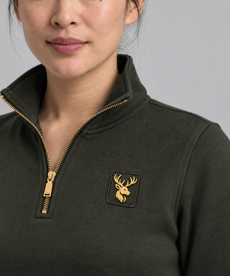 Gold Edition Women's Sovereign Quarter-Zip — Dark Olive, Worn logo and fabric detail