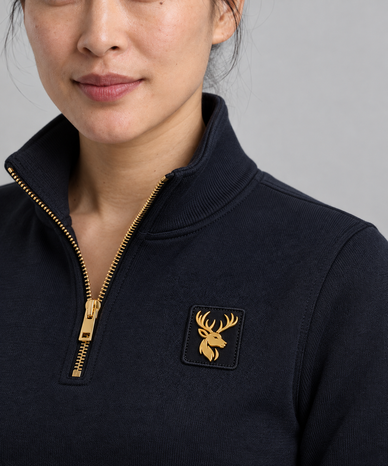 Gold Edition Women's Sovereign Quarter-Zip — Midnight Navy, Worn logo and fabric detail