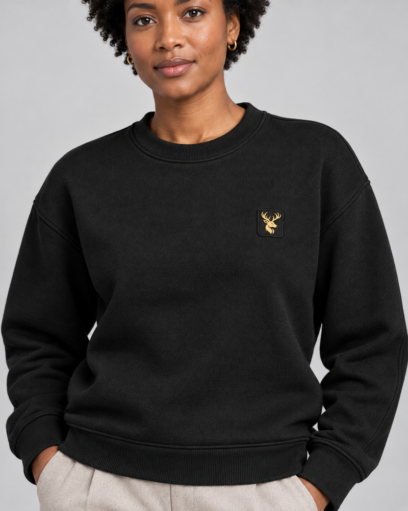 Gold Edition Women's Muse Architectural Crewneck — Black, Worn logo and fabric detail