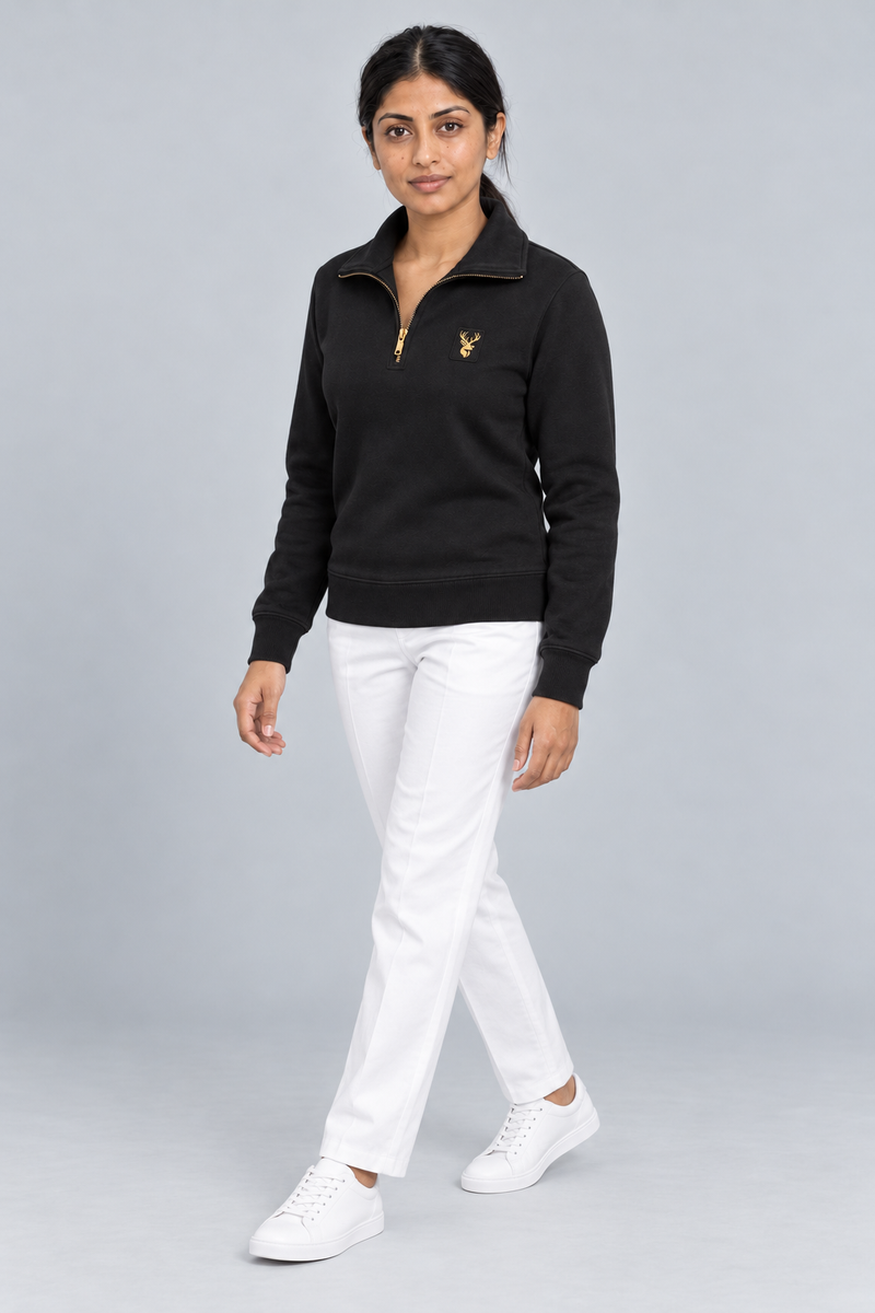 Gold Edition Women's Portrait Fold-Collar Half-Zip — Black, Three-quarter view