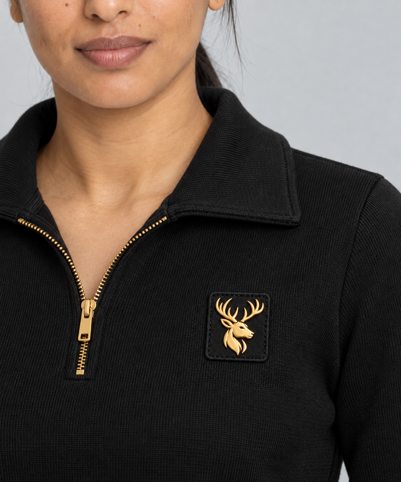 Gold Edition Women's Portrait Fold-Collar Half-Zip — Black, Worn logo and fabric detail