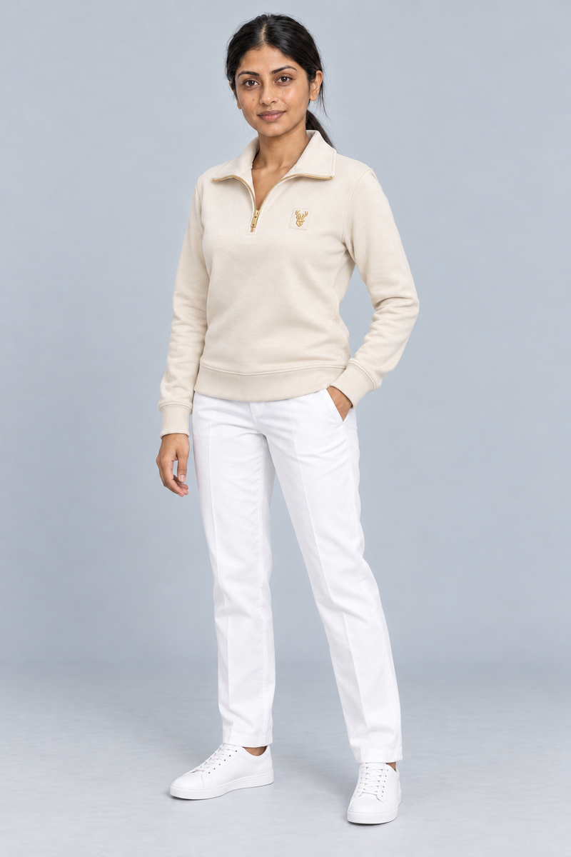 Gold Edition Women's Portrait Fold-Collar Half-Zip — Cream, Three-quarter view