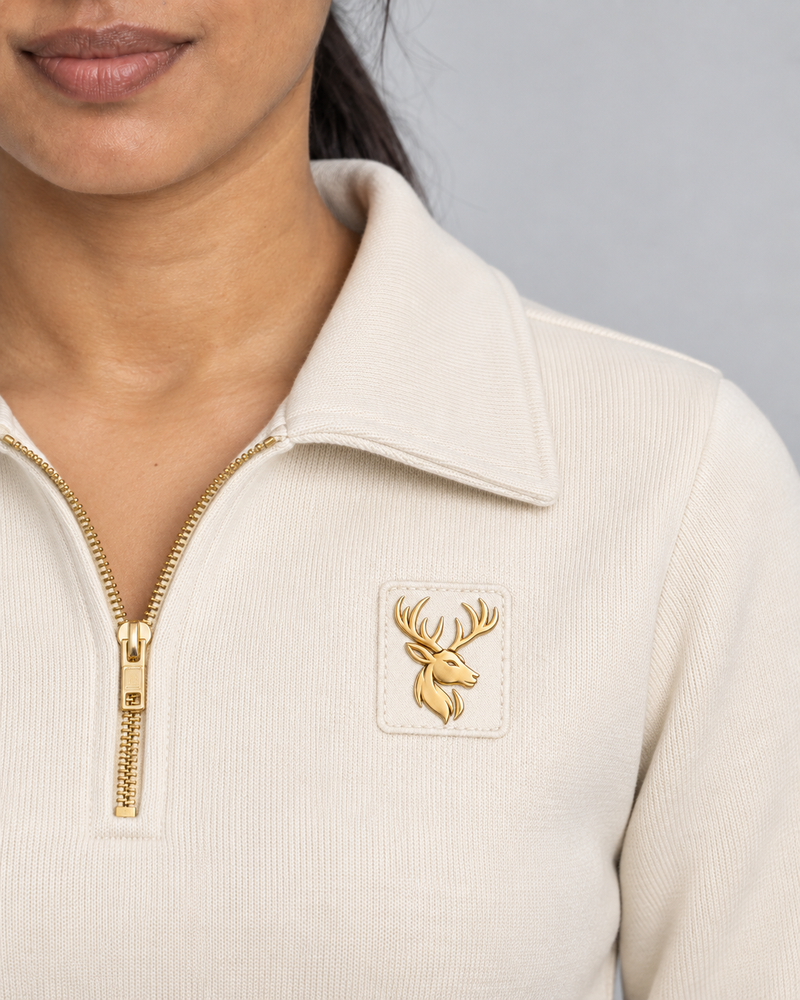 Gold Edition Women's Portrait Fold-Collar Half-Zip — Cream, Worn logo and fabric detail