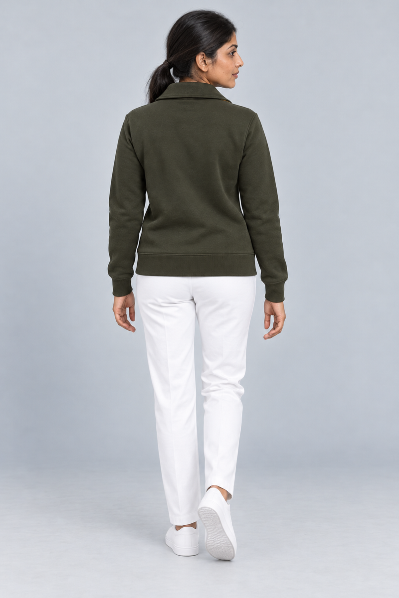 Gold Edition Women's Portrait Fold-Collar Half-Zip — Dark Olive, Back view