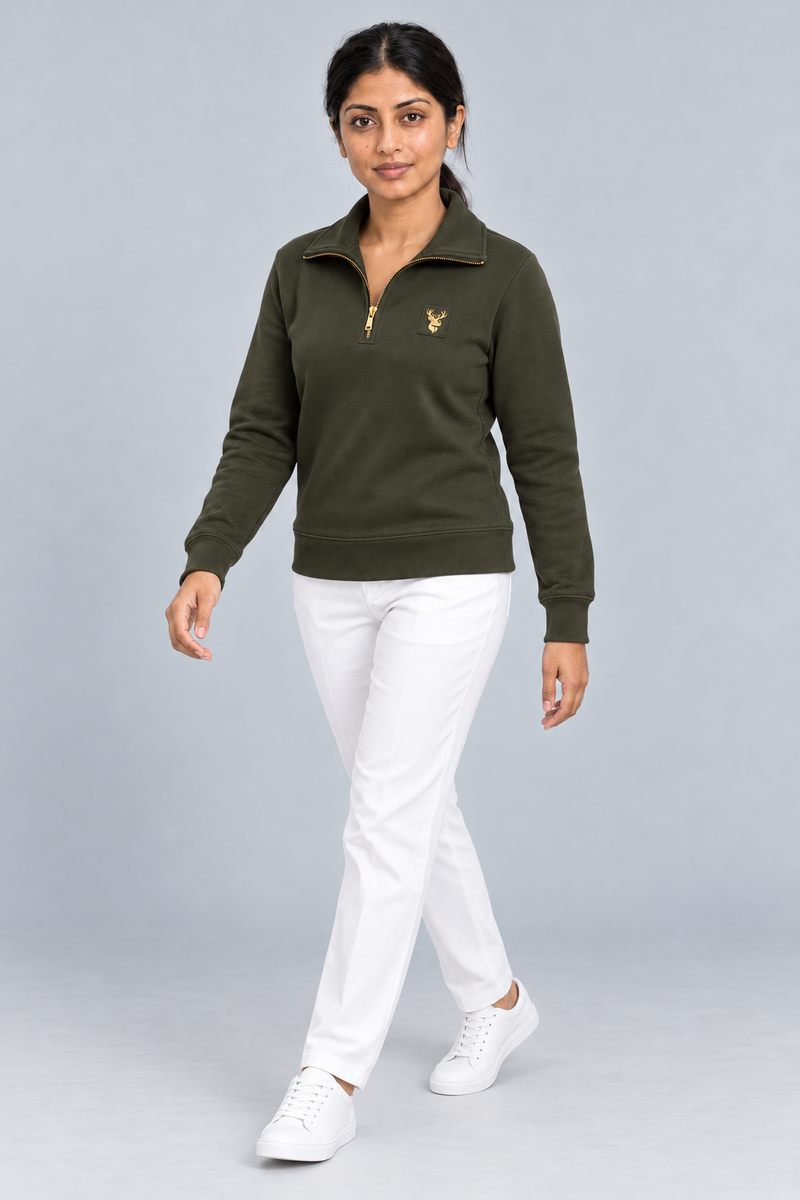 Gold Edition Women's Portrait Fold-Collar Half-Zip — Dark Olive, Three-quarter view