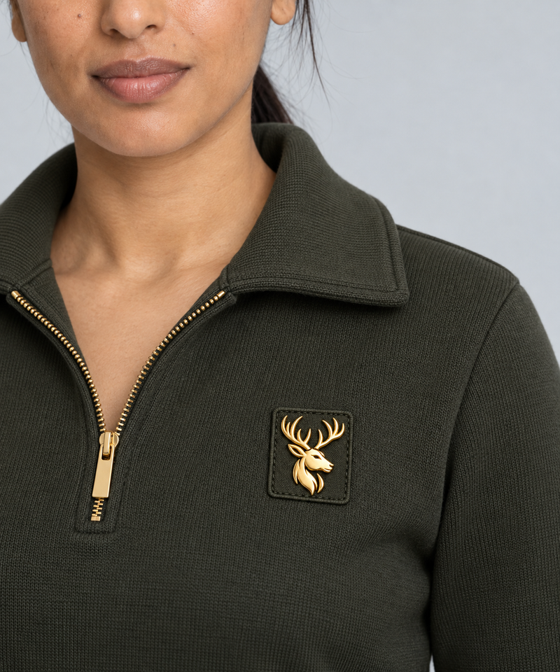 Gold Edition Women's Portrait Fold-Collar Half-Zip — Dark Olive, Worn logo and fabric detail