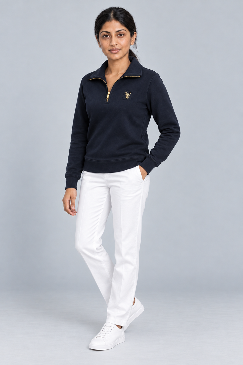 Gold Edition Women's Portrait Fold-Collar Half-Zip — Midnight Navy, Three-quarter view