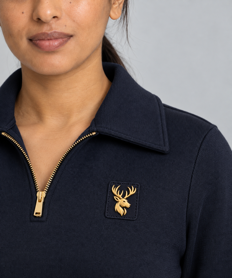 Gold Edition Women's Portrait Fold-Collar Half-Zip — Midnight Navy, Worn logo and fabric detail